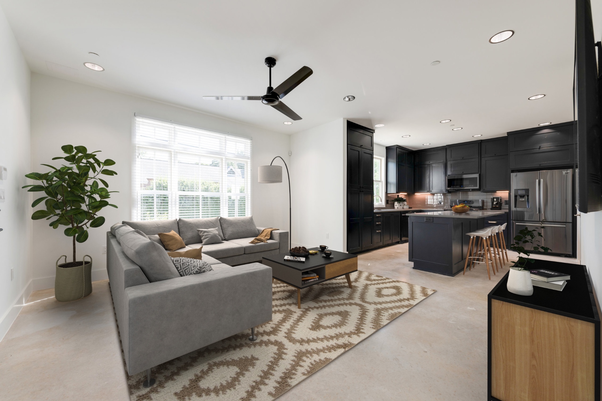 Unit 4-1 open living and kitchen with island