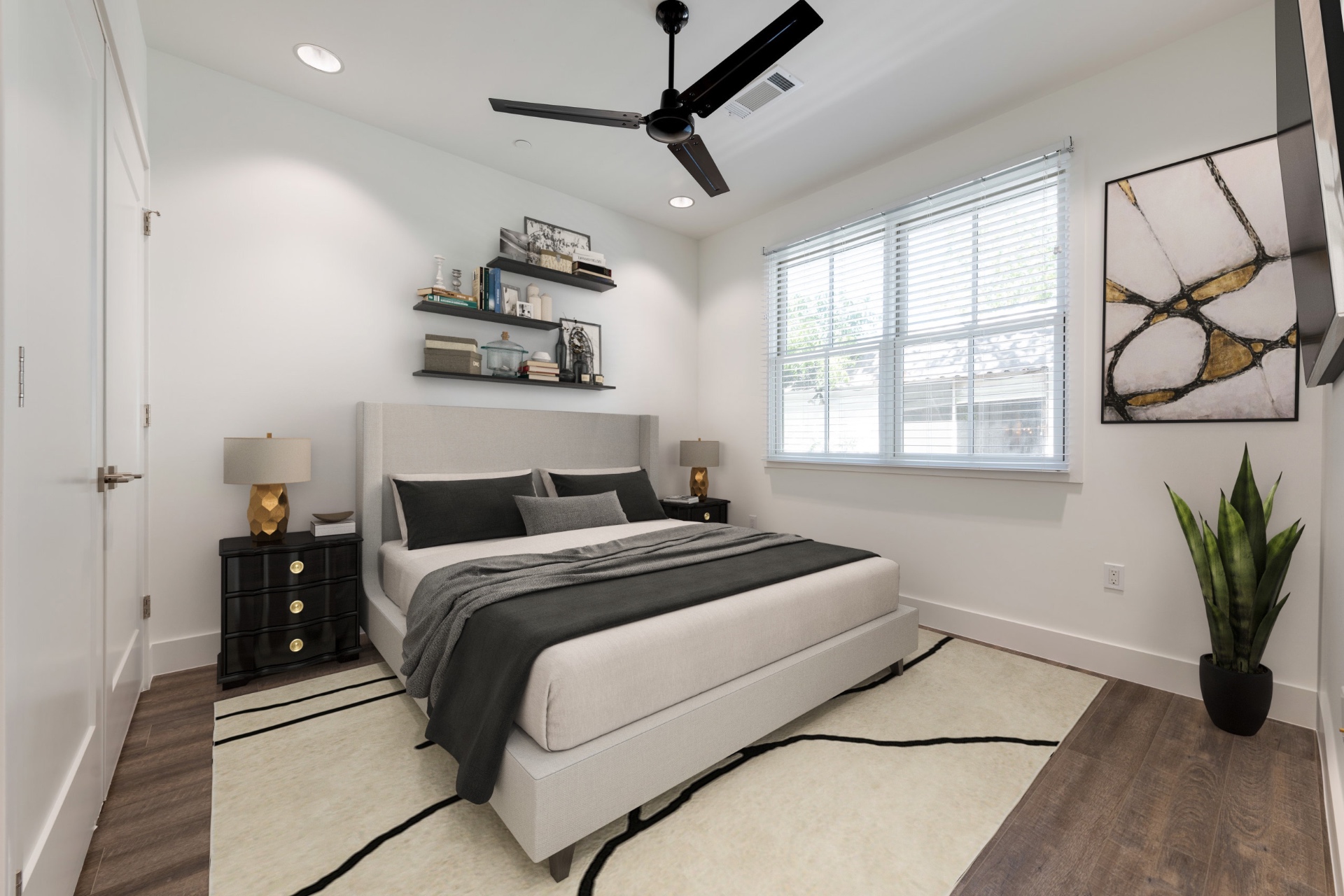 Unit 4-2 bedroom with floating shelves