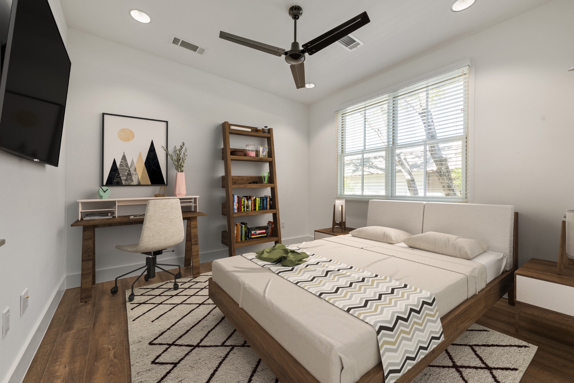 Building 3 bedroom with desk, bookshelf and chevron bedding